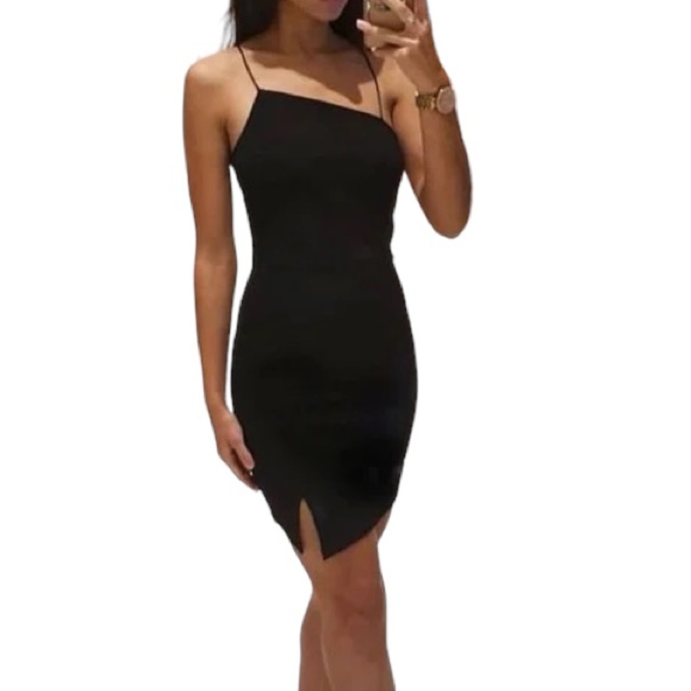 WHYTE VALENTYNE NWT Black Asymmetric Neck Bodycon Mini Dress